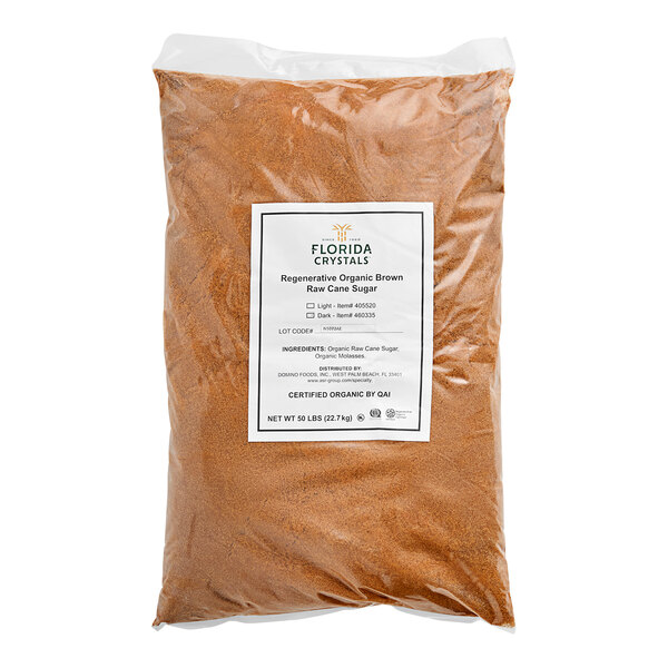 A 50 lb. bag of Florida Crystals Organic Dark Brown Cane Sugar on a white background.