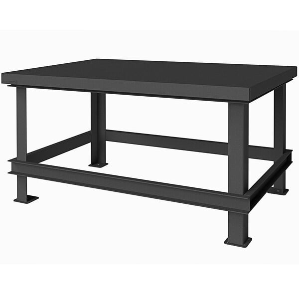 A black steel Durham Mfg workbench with a metal base.