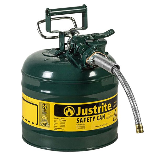 A green Justrite safety can with a metal hose.