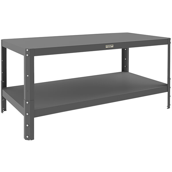 A gray metal table with shelves.