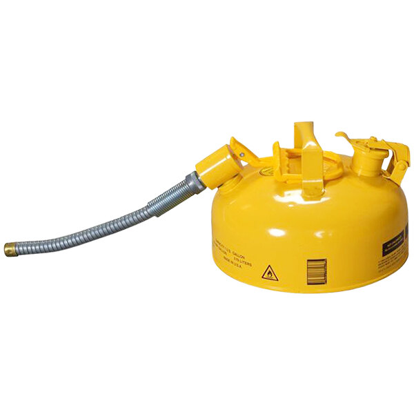 An Eagle Manufacturing yellow steel diesel safety can with a flexible metal hose attached.