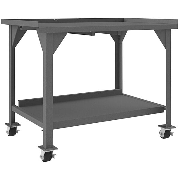 A grey metal Durham Manufacturing workbench with wheels.