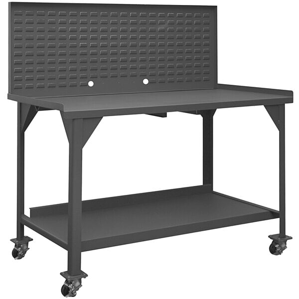 A black metal Durham workbench with wheels.