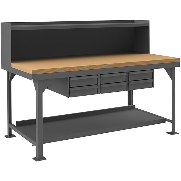 A Durham extra heavy-duty workbench with drawers and a shelf.