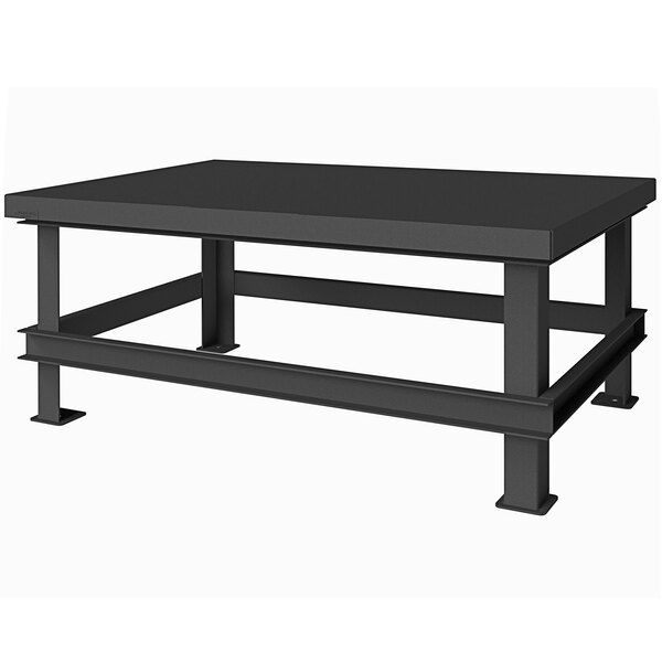 A black rectangular Durham Mfg steel workbench with metal legs.