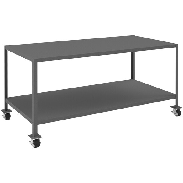 A grey metal Durham Manufacturing mobile machine table with shelves and wheels.
