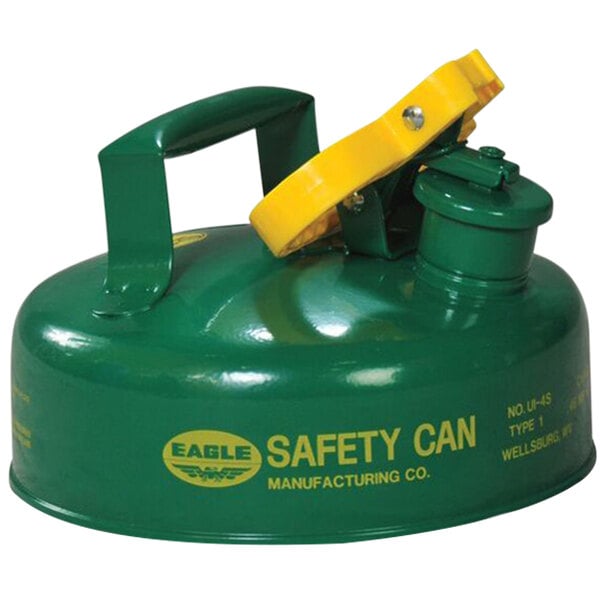 A green and yellow Eagle Manufacturing oil safety can with a flame arrester.