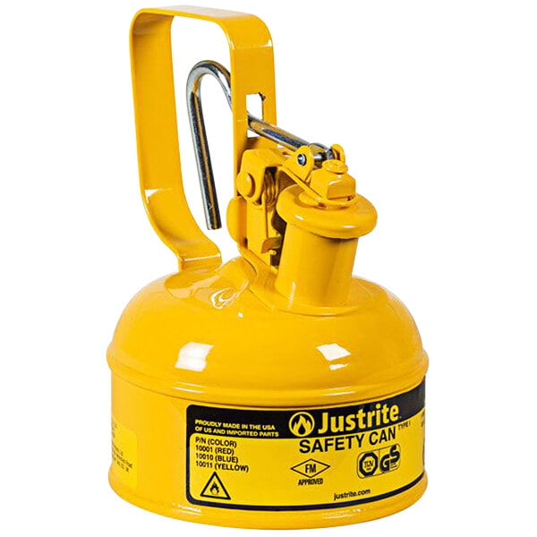 A yellow Justrite safety canister with a trigger handle.