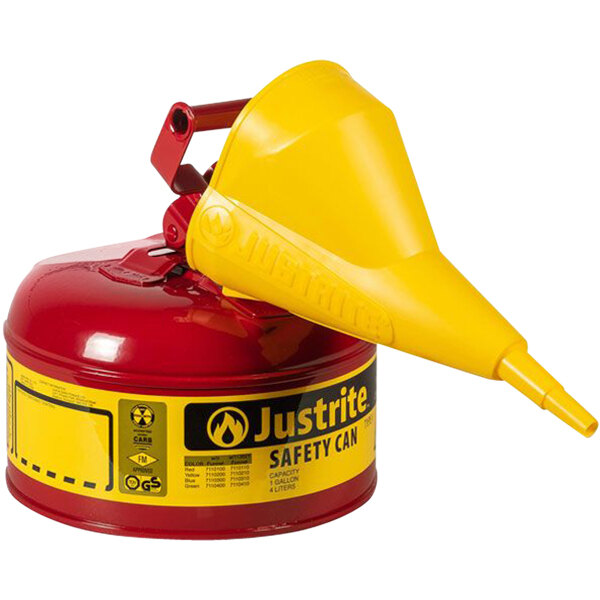 A red and yellow Justrite safety can with a yellow funnel.