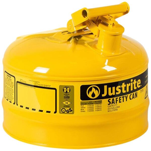 A yellow Justrite safety can with black labels and a handle.