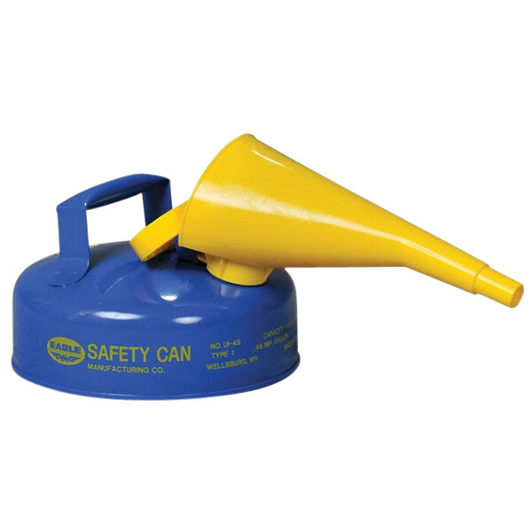 A blue and yellow Eagle Manufacturing kerosene safety can with a yellow funnel.