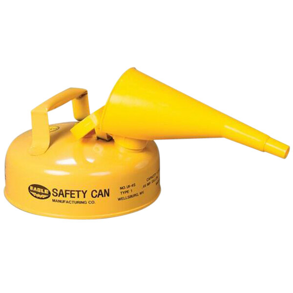 A yellow safety can with a yellow metal handle.