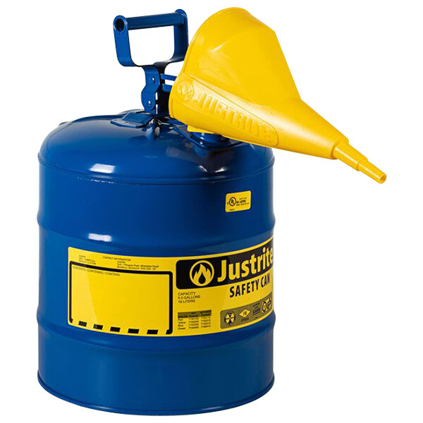 A blue and yellow metal container with a yellow funnel.