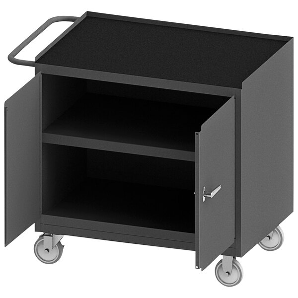 A black mobile workstation cart with two shelves and a door open.