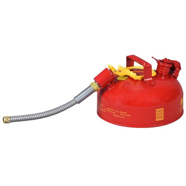 A red Eagle Manufacturing safety can with a flexible metal hose attached.