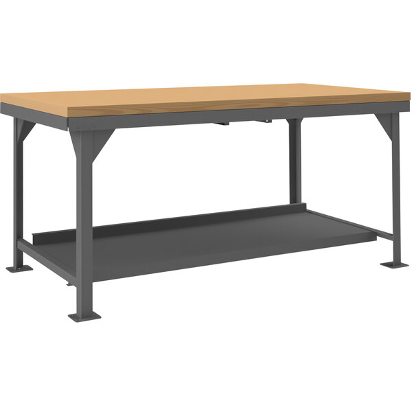 A Durham steel workbench with a maple top and a shelf.