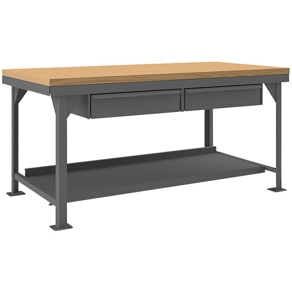 A Durham extra heavy-duty steel workbench with a maple top and two drawers.