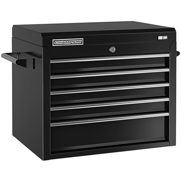 A black Champion Tool Storage top chest with five drawers and silver handles.