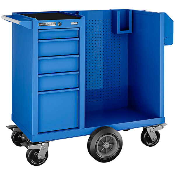 A blue Champion Tool Storage 5-drawer cabinet on black wheels.