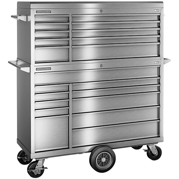 A Champion Tool Storage stainless steel 21-drawer top chest and mobile storage cabinet on wheels.