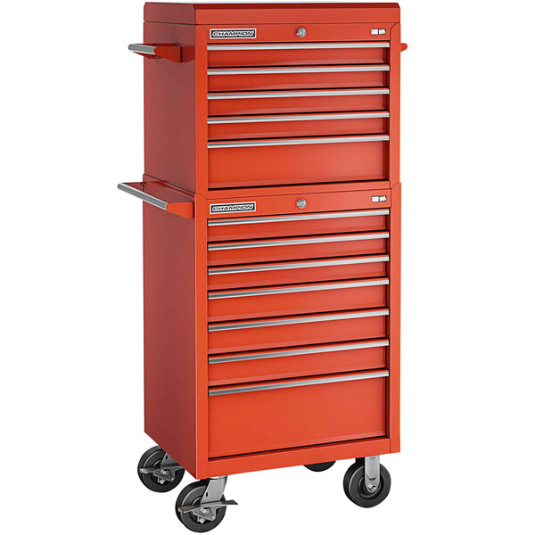A red Champion Tool Storage cabinet with drawers on wheels.