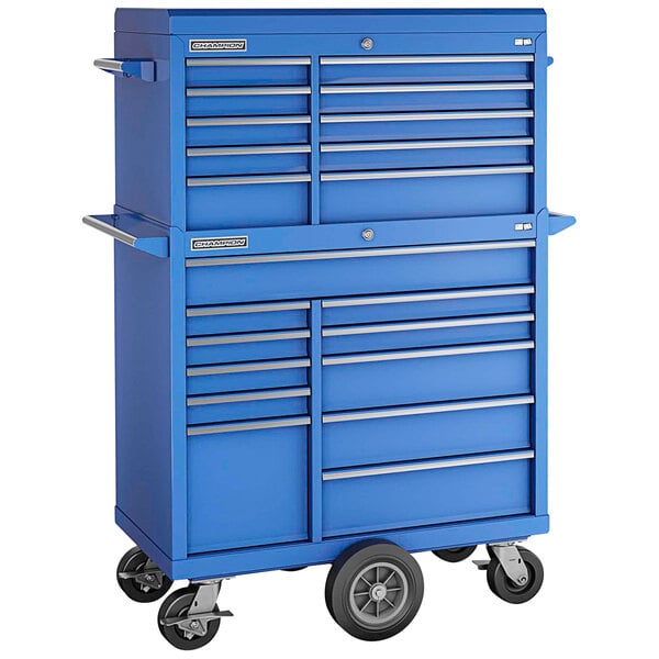 A blue Champion Tool Storage top chest and cart with wheels.