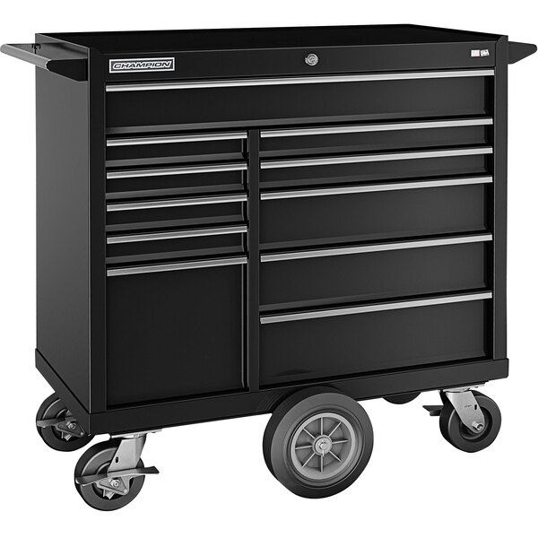 A black Champion Tool Storage mobile cabinet with 11 drawers and wheels.