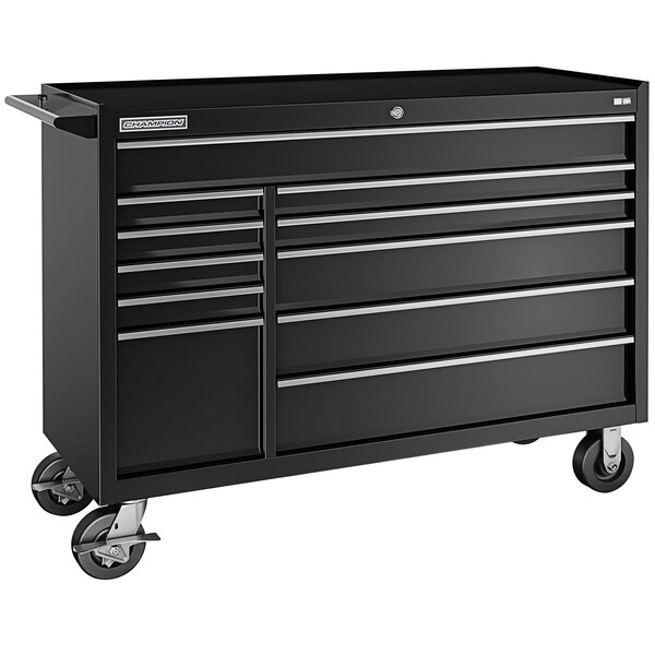 A black Champion Tool Storage mobile cabinet with drawers on wheels.