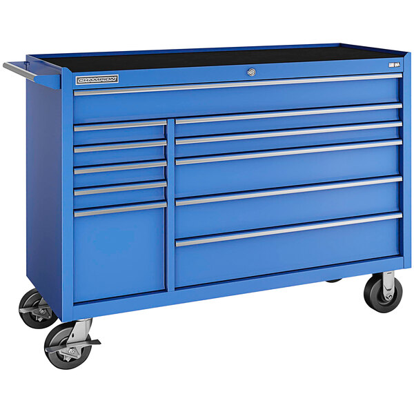 A blue Champion Tool Storage mobile cabinet with drawers and wheels.