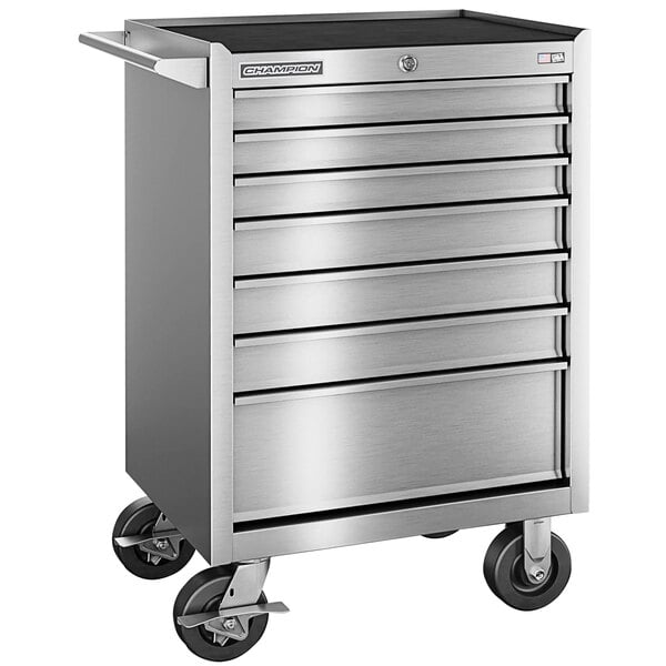 A silver stainless steel Champion Tool Storage 7-drawer mobile tool cabinet on wheels.