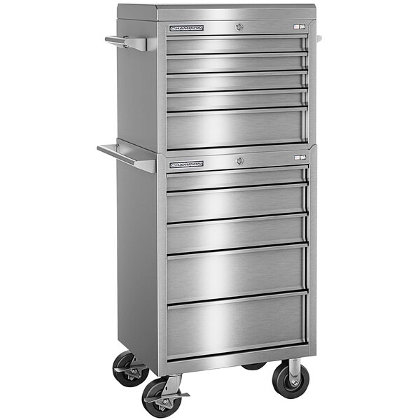 A stainless steel Champion Tool Storage top chest and mobile storage cabinet with drawers and wheels.