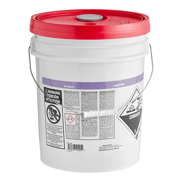 A white Betco 5 gallon bucket with a red lid.