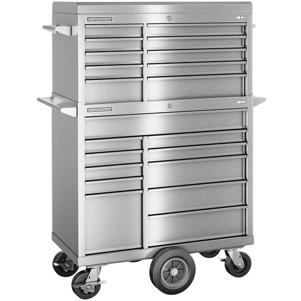 A silver Champion Tool Storage stainless steel tool chest with wheels.