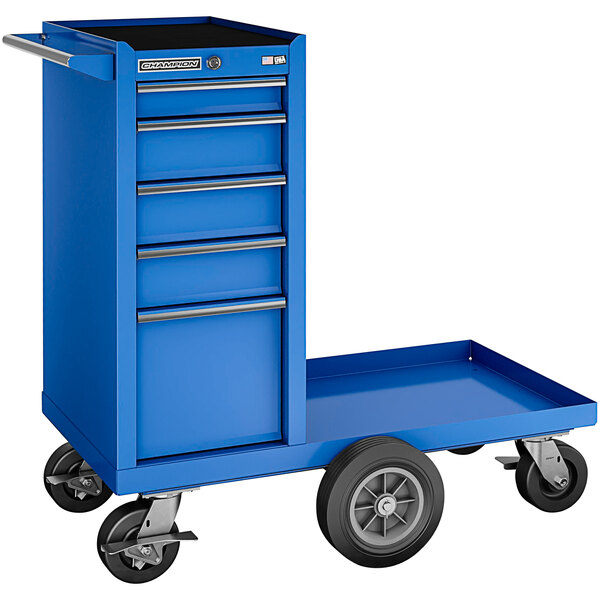 A blue Champion tool cart with five drawers.