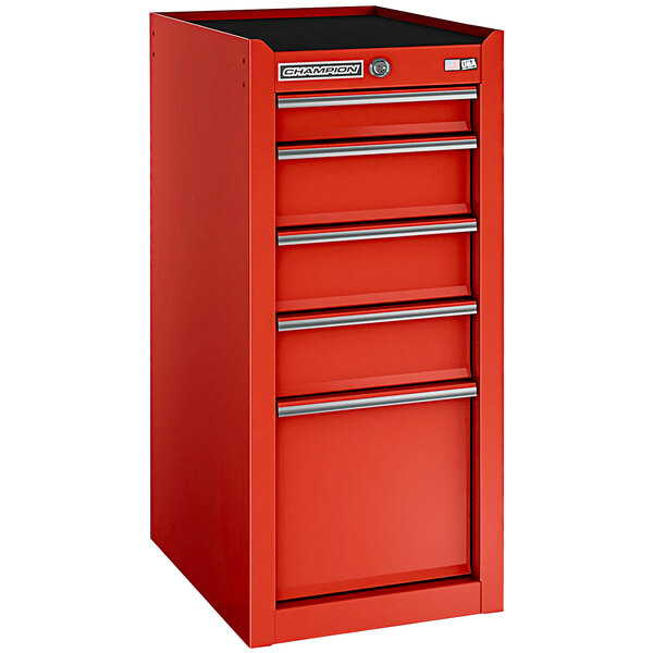 A red Champion Tool Storage side cabinet with five drawers.