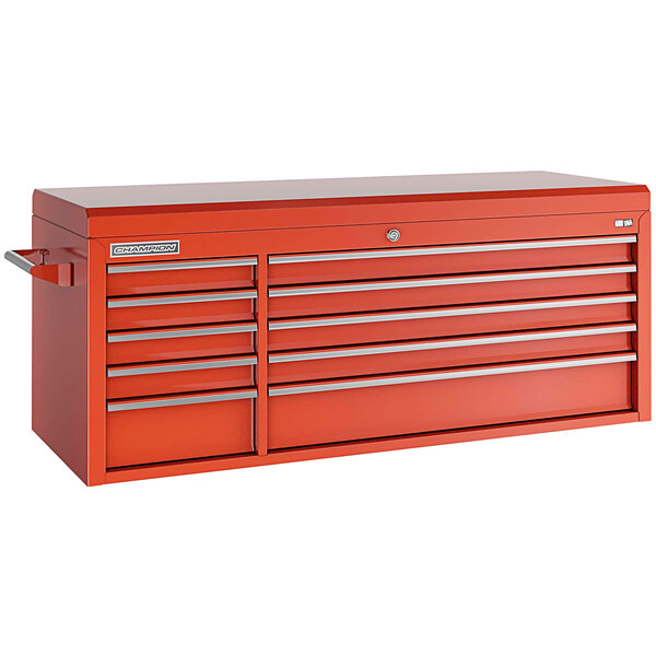 A red Champion Tool Storage top chest with 10 drawers and silver handles.