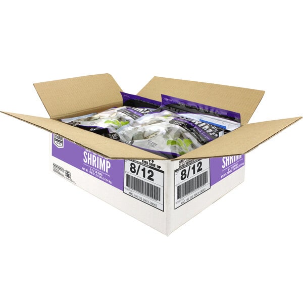 A white box with a bag of Seamazz peeled and deveined black tiger shrimp inside.