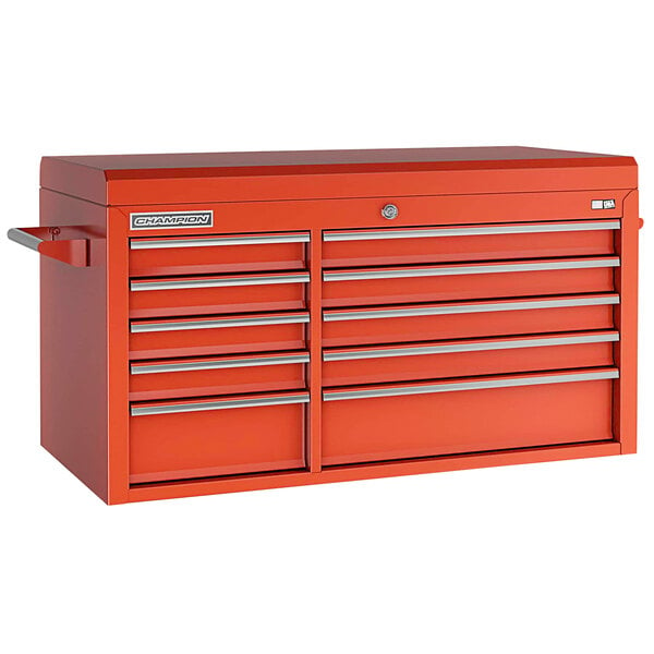 A red Champion Tool Storage top chest with 10 drawers and silver handles.