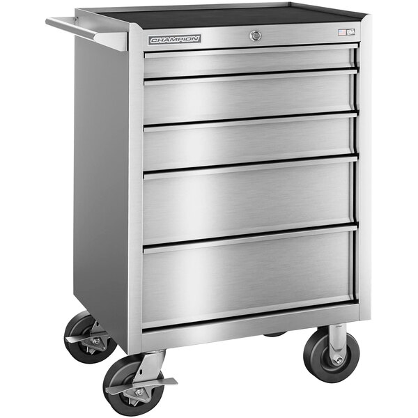A silver stainless steel Champion Tool Storage mobile cabinet with 5 drawers on wheels.