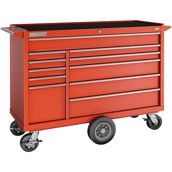 A red Champion Tool Storage mobile storage cabinet with drawers on wheels.