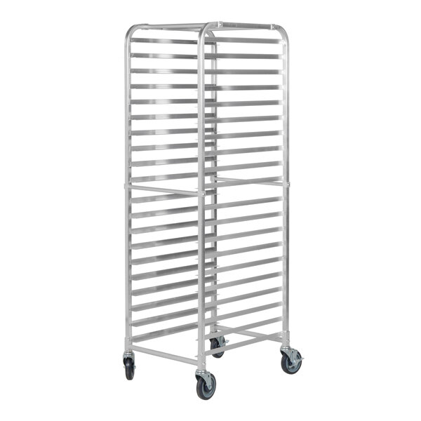 A tall, metal, wheeled rack designed to hold up to 20 sheet pans for commercial kitchen use.