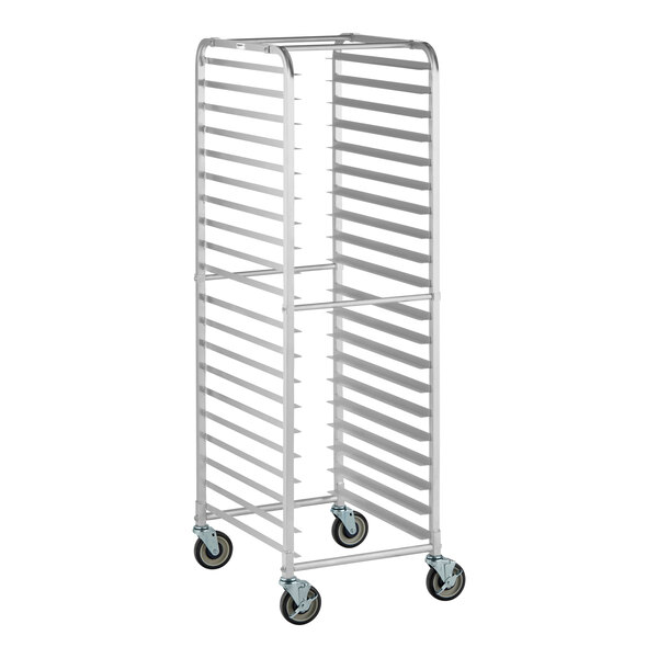 A tall, metal rack with multiple horizontal slots and four caster wheels, designed for holding trays or pans.