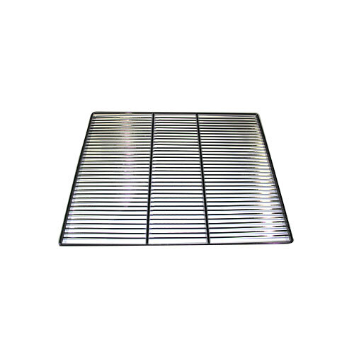 A chrome wire shelf with a grid pattern.