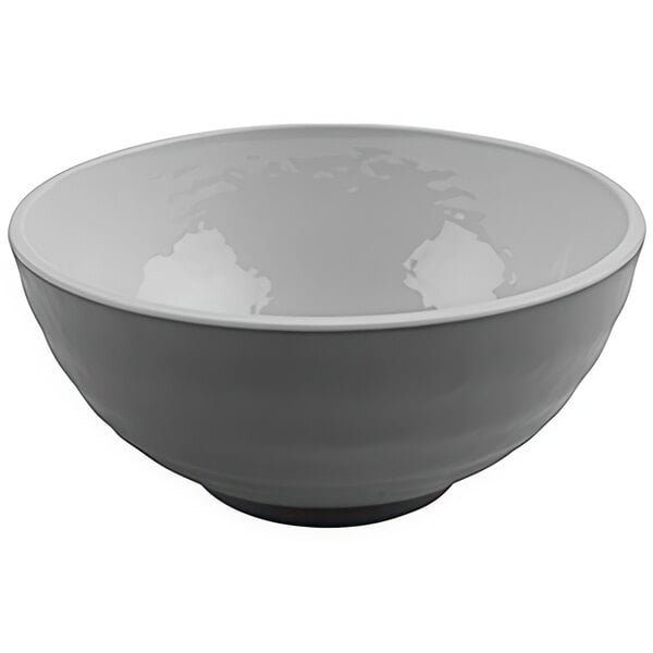 A white bowl with a black rim.