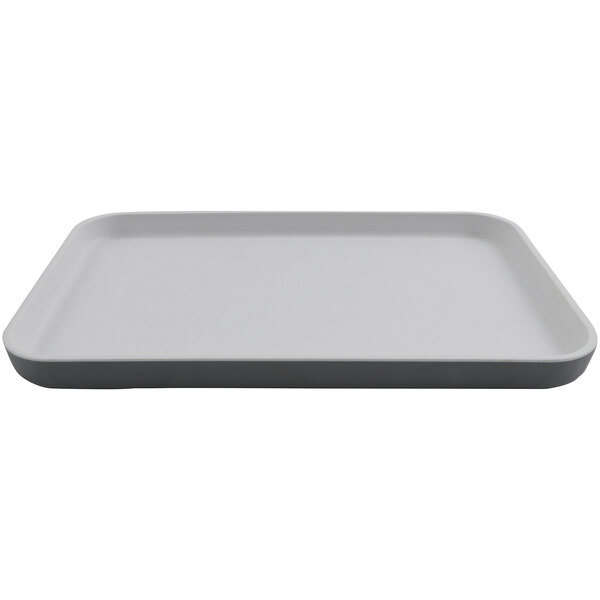 A white rectangular tray with a gray border.