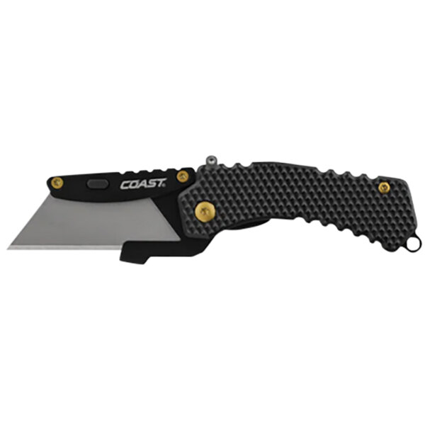 A close up of a black and gold Coast Double Lock Pro Razor Knife with a black handle.