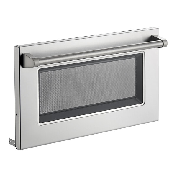 A stainless steel Amana microwave door with a glass window.