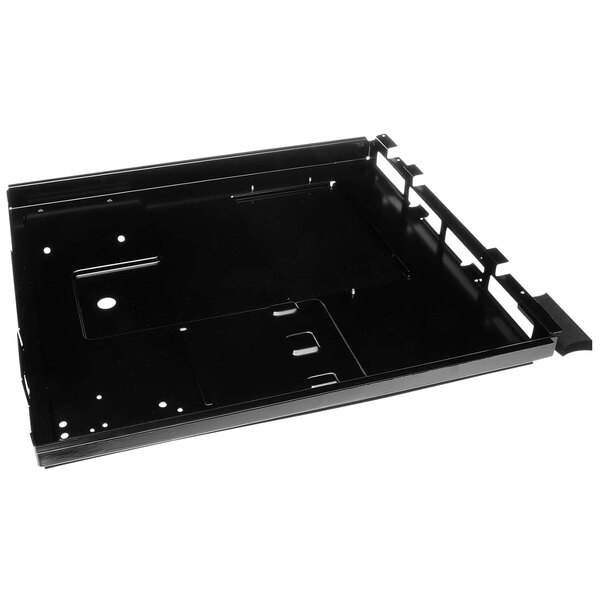 A black metal basepan with a gasket for a Solwave commercial microwave.