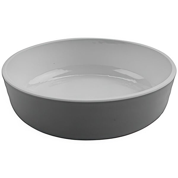 A white GET melamine bowl with a black line around the rim.