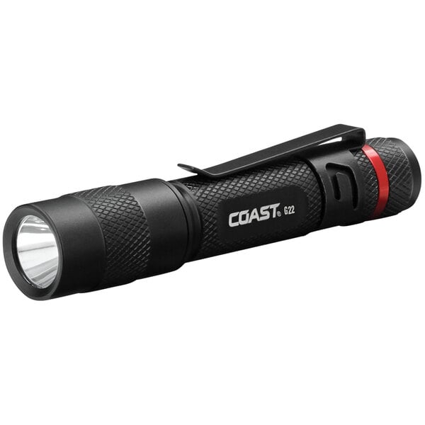 A black and red Coast Bulls-Eye Spot fixed beam penlight with a clip.